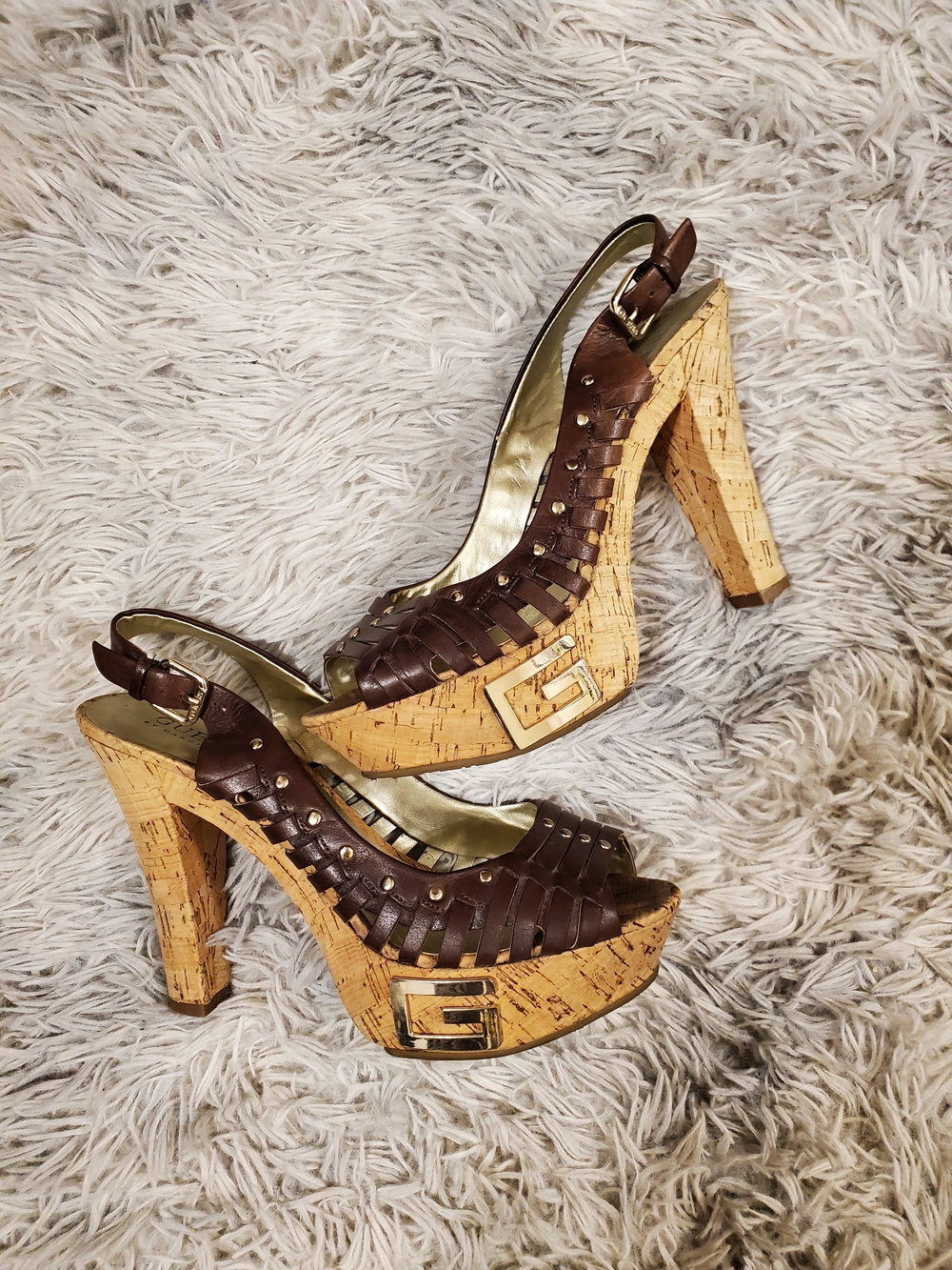 Guess by Marciano Jarrett Brown Strappy Leather Cork Platform Heels